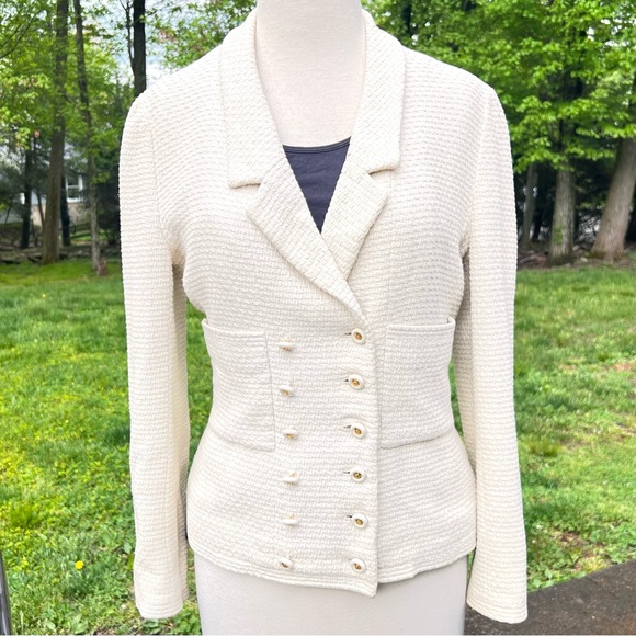 CHANEL Jackets & Blazers - Vintage 90's CHANEL vanilla knit blazer jacket 17 logo buttons double br…